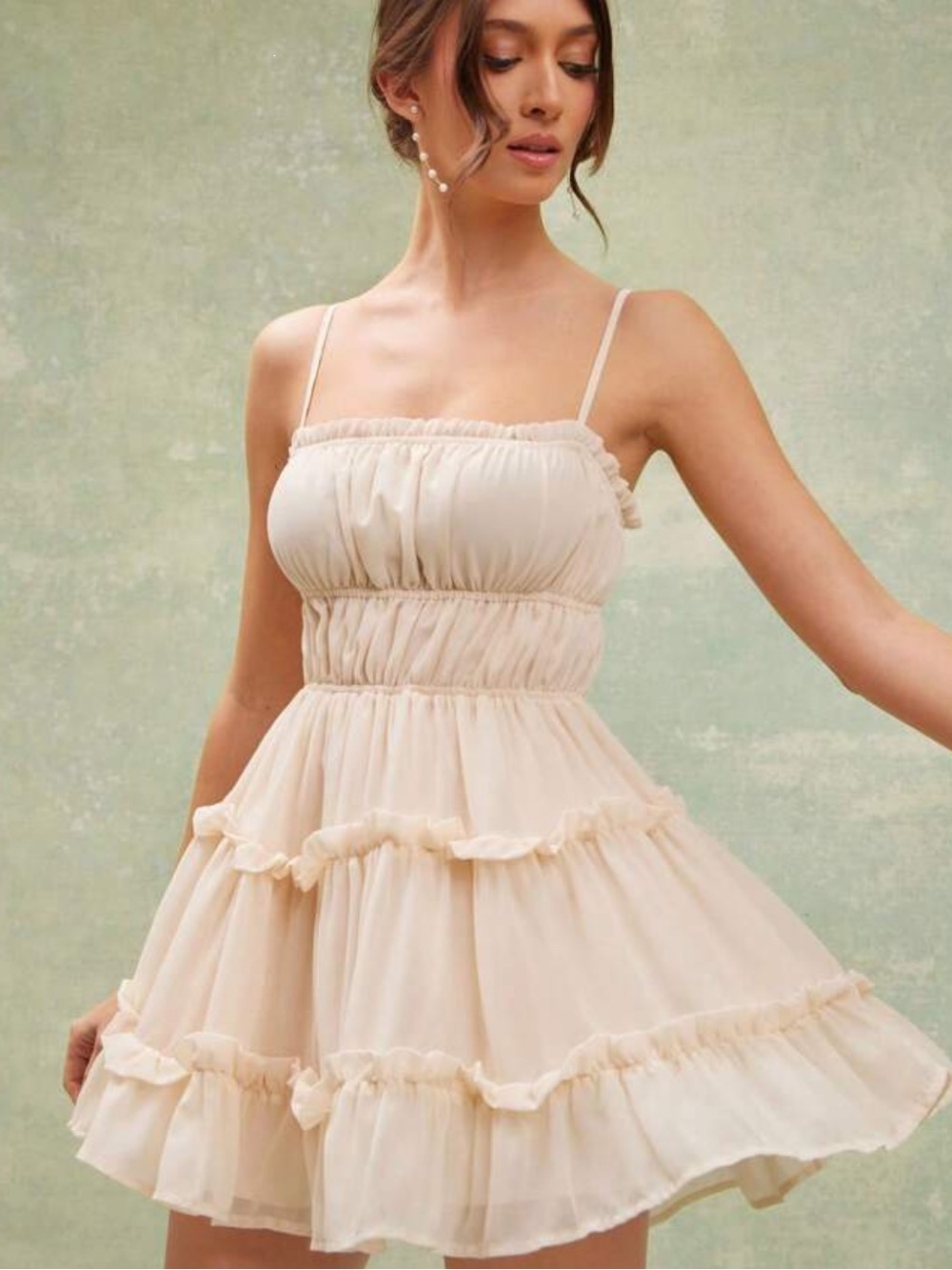 Sleeveless Ruffle Tiered Mini Dress in Cream Large L